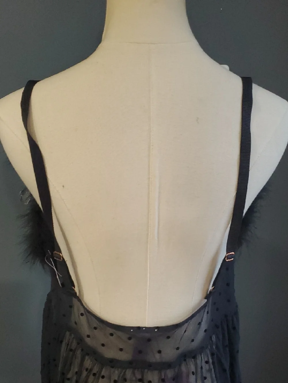 Nwt Savage X Fenty Black Sheer Polka Dot Marabou-Trim Chemise